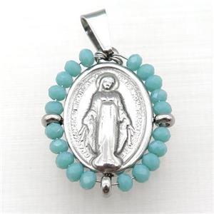stainless steel Jesus pendant with crystal glass, approx 23-30mm [FN23111]