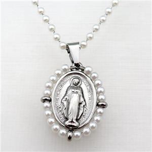 Stainless Steel Jesus Necklace White Pearlized Glass Platinum Plated, approx 23-30mm, 50-55cm length [FN23113]