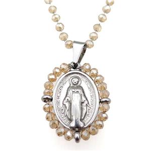Stainless Steel Jesus Necklace Champagne Crystal Glass Platinum Plated, approx 23-30mm, 50-55cm length [FN23114]