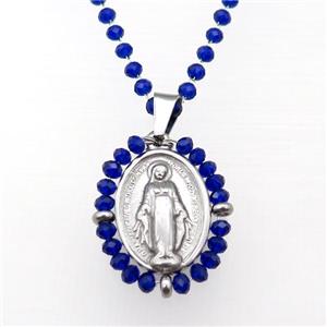 Stainless Steel Jesus Necklace Blue Crystal Glass Platinum Plated, approx 23-30mm, 50-55cm length [FN23115]