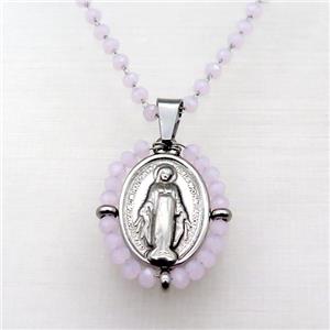 Stainless Steel Jesus Necklace Pink Crystal Glass Platinum Plated, approx 23-30mm, 50-55cm length [FN23116]