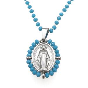 Stainless Steel Jesus Necklace Teal Crystal Glass Platinum Plated, approx 23-30mm, 50-55cm length [FN23118]