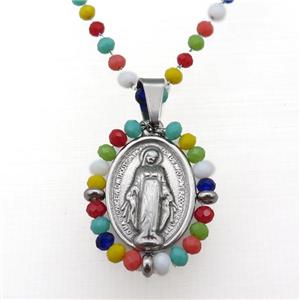 Stainless Steel Jesus Necklace Multicolor Crystal Glass Platinum Plated, approx 23-30mm, 50-55cm length [FN23122]