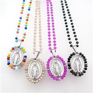 Stainless Steel Jesus Necklace Crystal Glass Platinum Plated Mixed, approx 23-30mm, 50-55cm length [FN23123]