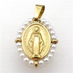 stainless steel Jesus pendant with white pearlized glass, gold plated, approx 23-30mm [FN23124]