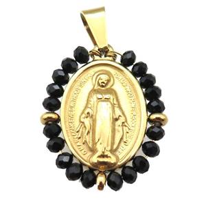 stainless steel Jesus pendant with black crystal glass wrapped, gold plated, approx 23-30mm [FN23126]