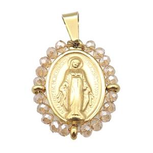 stainless steel Jesus pendant with champagne crystal glass wrapped, gold plated, approx 23-30mm [FN23127]
