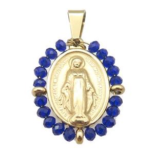 stainless steel Jesus pendant with blue crystal glass wrapped, gold plated, approx 23-30mm [FN23128]