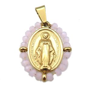 stainless steel Jesus pendant with pink crystal glass wrapped, gold plated, approx 23-30mm [FN23129]