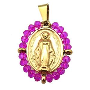 stainless steel Jesus pendant with hotpink crystal glass wrapped, gold plated, approx 23-30mm [FN23130]