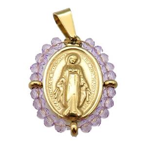 stainless steel Jesus pendant with purple crystal glass wrapped, gold plated, approx 23-30mm [FN23131]