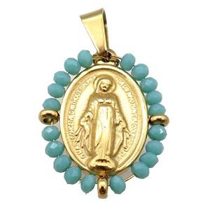 stainless steel Jesus pendant with green crystal glass wrapped, gold plated, approx 23-30mm [FN23132]