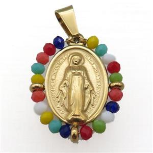 stainless steel Jesus pendant with mix crystal glass wrapped, gold plated, approx 23-30mm [FN23133]
