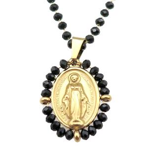 Stainless Steel Jesus Necklace Black Crystal Glass Gold Plated, approx 23-30mm, 50-55cm length [FN23137]