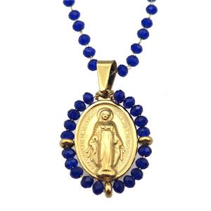 Stainless Steel Jesus Necklace Deepblue Crystal Glass Gold Plated, approx 23-30mm, 50-55cm length [FN23138]