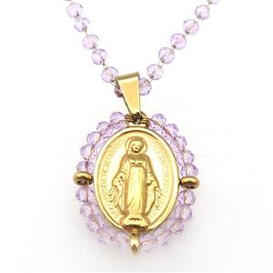 Stainless Steel Jesus Necklace Lt.purple Crystal Glass Gold Plated, approx 23-30mm, 50-55cm length [FN23139]