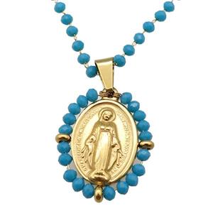 Stainless Steel Jesus Necklace Teal Crystal Glass Gold Plated, approx 23-30mm, 50-55cm length [FN23140]