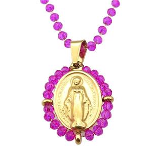 Stainless Steel Jesus Necklace Hotpink Crystal Glass Gold Plated, approx 23-30mm, 50-55cm length [FN23141]