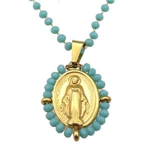 Stainless Steel Jesus Necklace Green Crystal Glass Gold Plated, approx 23-30mm, 50-55cm length [FN23142]