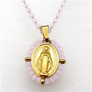 Stainless Steel Jesus Necklace Pink Crystal Glass Gold Plated, approx 23-30mm, 50-55cm length [FN23143]