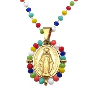 Stainless Steel Jesus Necklace Multicolor Crystal Glass Gold Plated, approx 23-30mm, 50-55cm length [FN23144]
