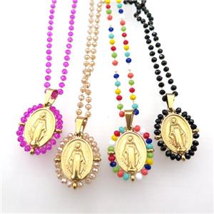 Stainless Steel Jesus Necklace Crystal Glass Gold Plated Mixed, approx 23-30mm, 50-55cm length [FN23145]