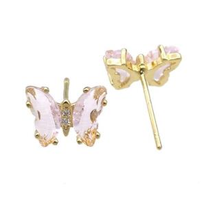 lt.pink Crystal Glass Butterfly Stud Earrings, gold plated, approx 8-10mm [FN23153]