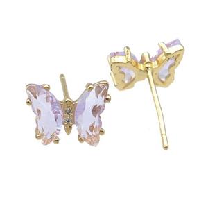 lavender Crystal Glass Butterfly Stud Earrings, gold plated, approx 8-10mm [FN23154]