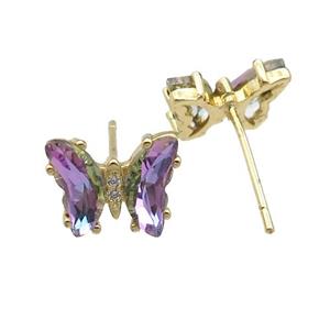 purple Crystal Glass Butterfly Stud Earrings, gold plated, approx 8-10mm [FN23155]