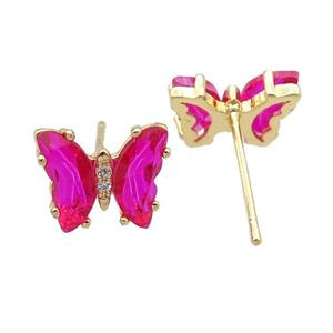 hotpink Crystal Glass Butterfly Stud Earrings, gold plated, approx 8-10mm [FN23157]