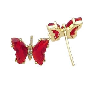 red Crystal Glass Butterfly Stud Earrings, gold plated, approx 8-10mm [FN23159]
