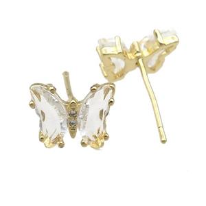 clear Crystal Glass Butterfly Stud Earrings, gold plated, approx 8-10mm [FN23161]