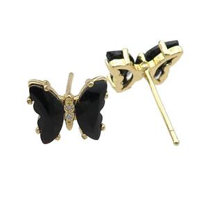 black Crystal Glass Butterfly Stud Earrings, gold plated, approx 8-10mm [FN23163]