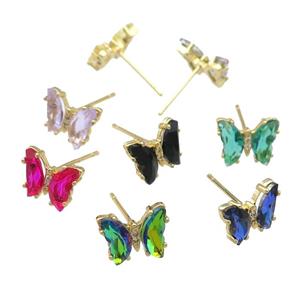 Crystal Glass Butterfly Stud Earrings paved zircon, gold plated, mixed, approx 8-10mm [FN23164]