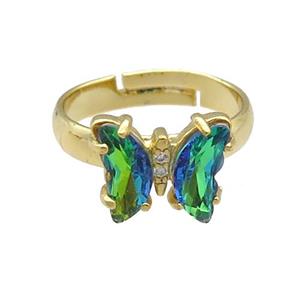 green Crystal Glass Butterfly Rings, gold plated, approx 8-10mm, 14mm [FN23167]