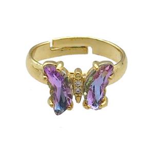 purple Crystal Glass Butterfly Rings, gold plated, approx 8-10mm, 14mm [FN23169]
