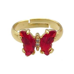 red Crystal Glass Butterfly Rings, gold plated, approx 8-10mm, 14mm [FN23175]