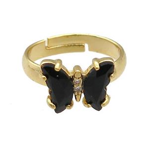 black Crystal Glass Butterfly Rings, gold plated, approx 8-10mm, 14mm [FN23178]