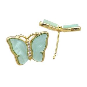 green Resin Butterfly Stud Earrings, gold plated, approx 13-18mm [FN23219]
