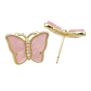 lt.pink Resin Butterfly Stud Earrings, gold plated, approx 13-18mm [FN23221]