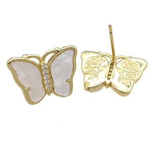 white pearlized Resin Butterfly Stud Earrings, gold plated, approx 13-18mm [FN23230]