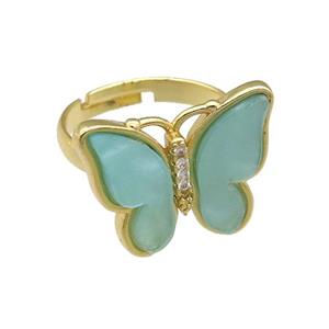 green Resin Butterfly Rings, adjustable, gold plated, approx 15-20mm, 18mm dia [FN23261]