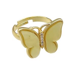 yellow Resin Butterfly Rings, adjustable, gold plated, approx 15-20mm, 18mm dia [FN23262]