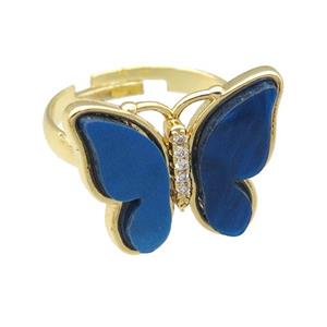 blue Resin Butterfly Rings, adjustable, gold plated, approx 15-20mm, 18mm dia [FN23269]