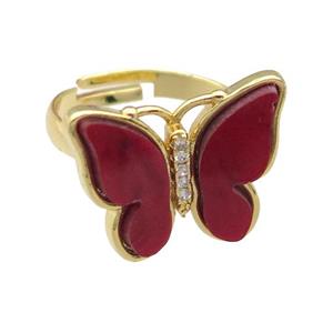 red Resin Butterfly Rings, adjustable, gold plated, approx 15-20mm, 18mm dia [FN23270]