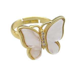 white pearlized Resin Butterfly Rings, adjustable, gold plated, approx 15-20mm, 18mm dia [FN23272]