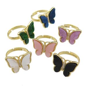 Resin Butterfly Rings pave zircon, adjustable, gold plated, mixed, approx 15-20mm, 18mm dia [FN23274]