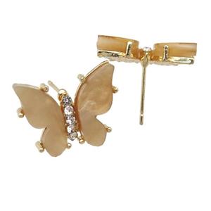 brown Resin Butterfly Stud Earrings, gold plated, approx 11-15mm [FN23316]