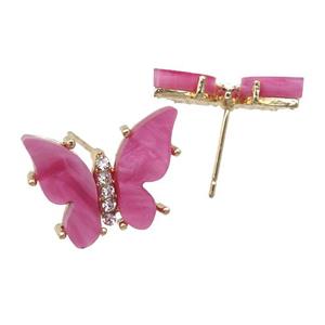 hotpink Resin Butterfly Stud Earrings, gold plated, approx 11-15mm [FN23318]