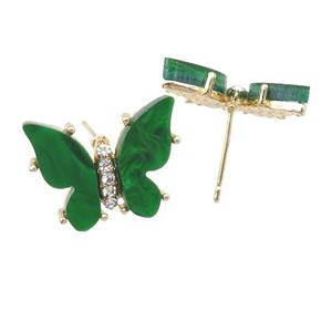 green Resin Butterfly Stud Earrings, gold plated, approx 11-15mm [FN23321]